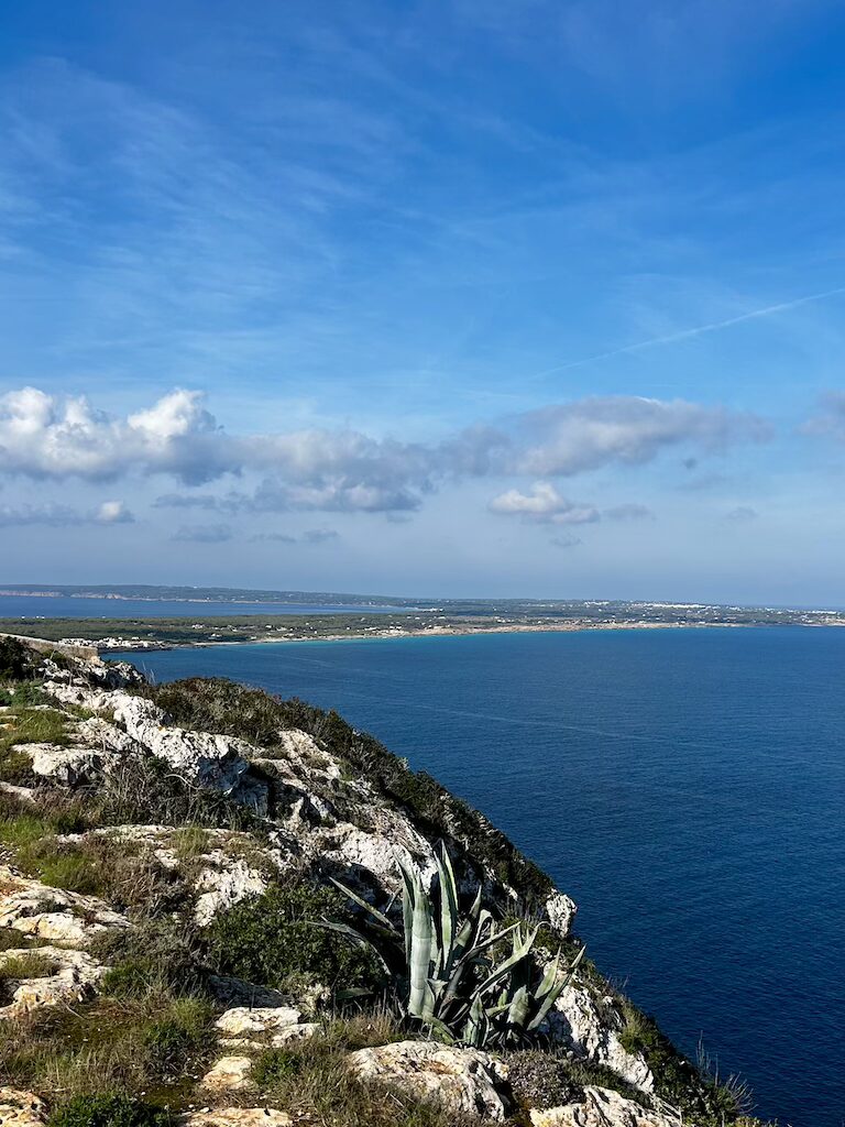 Vue panoramique sur l'île de Formentera depuis les falaises de La Mola, paysage côtier pour retraite de yoga et randonnée méditative.